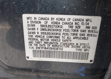 2005 Honda Pilot Ex from USA, damaged, VIN 2HKYF184X5H509702